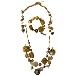 Chico’s Necklace/Bracelet set Grey black brwndouble beaded strand necklace 18”L